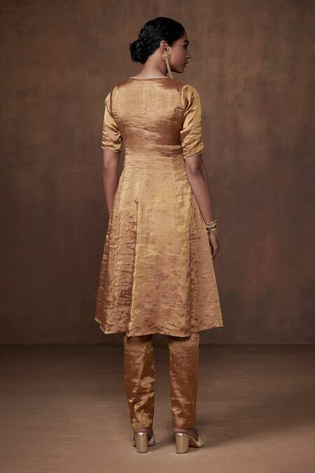 Shop Dressfolk Gold Tissue Mandarin Collar Solid Anarkali Set With Pant at Aza Fashions Shop_Dressfolk_Gold Tissue Mandarin Collar Solid Anarkali Set With Pant_at_Aza_Fashions