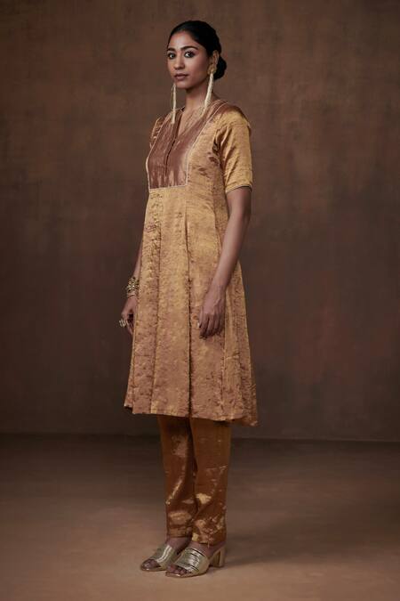 Shop Dressfolk Gold Tissue Mandarin Collar Solid Anarkali Set With Pant Online at Aza Fashions Shop_Dressfolk_Gold Tissue Mandarin Collar Solid Anarkali Set With Pant_Online_at_Aza_Fashions