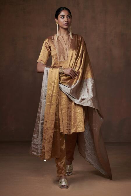 Dressfolk Gold Tissue Mandarin Collar Solid Anarkali Set With Pant at Aza Fashions Dressfolk_Gold Tissue Mandarin Collar Solid Anarkali Set With Pant_at_Aza_Fashions