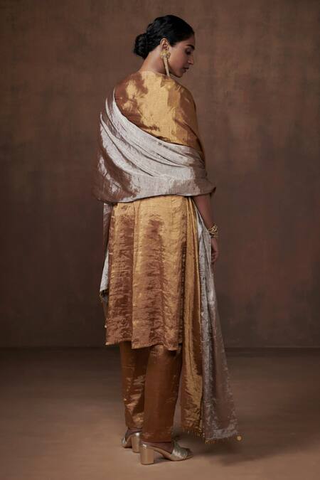 Buy Dressfolk Gold Tissue Mandarin Collar Solid Anarkali Set With Pant Buy_Dressfolk_Gold Tissue Mandarin Collar Solid Anarkali Set With Pant