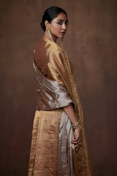 Shop Dressfolk Gold Tissue Mandarin Collar Solid Anarkali Set With Pant Shop_Dressfolk_Gold Tissue Mandarin Collar Solid Anarkali Set With Pant