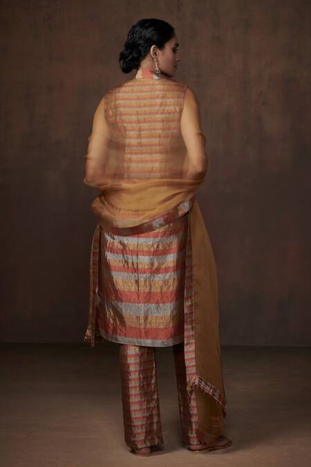 Dressfolk_Gold Tissue V-neck Metallic Stripe Kurta Set_at_Aza_Fashions
