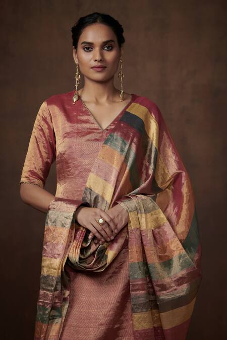 Dressfolk Brown Tissue V-neck Solid Kurta Set With Pant Online at Aza Fashions Dressfolk_Brown Tissue V-neck Solid Kurta Set With Pant_Online_at_Aza_Fashions