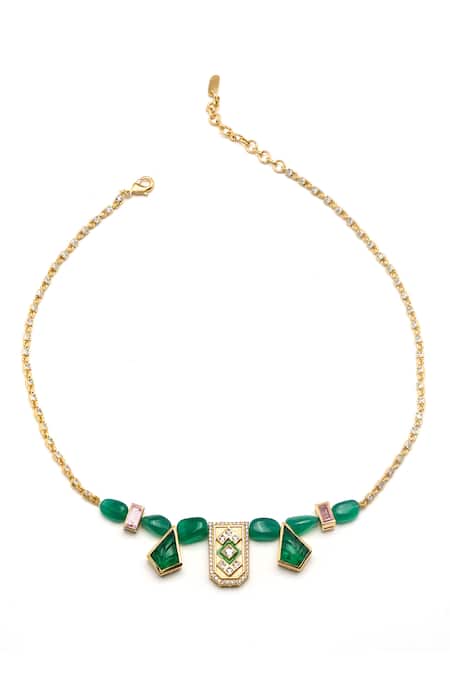 Shop Aulerth X JJ Valaya Green Rumeli Stone Embellished Dainty Necklace at Aza Fashions Shop_Aulerth X JJ Valaya_Green Rumeli Stone Embellished Dainty Necklace _at_Aza_Fashions