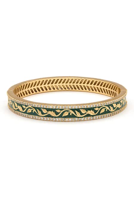Shop Aulerth X JJ Valaya Green Crystals Rumeli Leaf Enamel Work Bangle at Aza Fashions Shop_Aulerth X JJ Valaya_Green Crystals Rumeli Leaf Enamel Work Bangle _at_Aza_Fashions