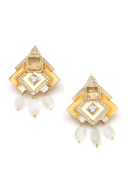 Shop Aulerth X JJ Valaya White Crystals, Diamonds Amelia Angular Earrings at Aza Fashions Shop_Aulerth X JJ Valaya_White Crystals, Diamonds Amelia Angular Earrings _at_Aza_Fashions