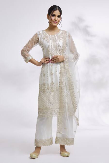 Samyukta Singhania White Net Embroidered Thread Round Pakistani Kurta Pant Set 