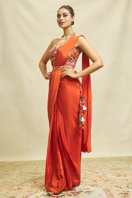 Buy Aariyana Couture Orange Crepe Embroidery Halter Neck Plain Pre-draped Saree With Blouse Online at Aza Fashions Buy_Aariyana Couture_Orange Crepe Embroidery Halter Neck Plain Pre-draped Saree With Blouse_Online_at_Aza_Fashions