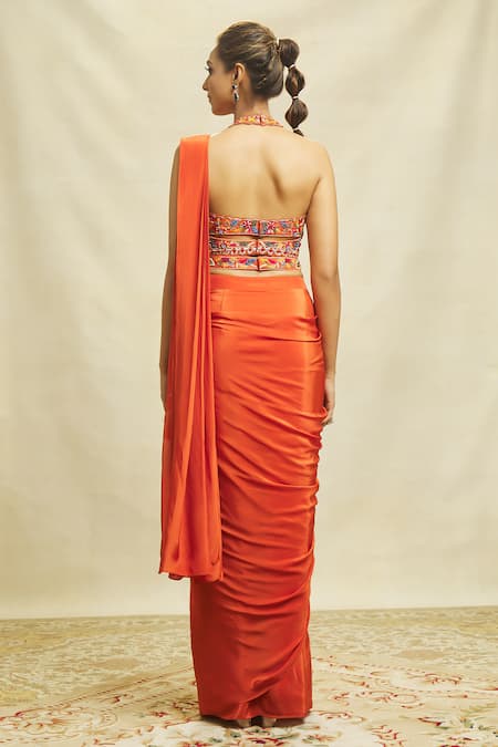 Shop Aariyana Couture Orange Crepe Embroidery Halter Neck Plain Pre-draped Saree With Blouse at Aza Fashions Shop_Aariyana Couture_Orange Crepe Embroidery Halter Neck Plain Pre-draped Saree With Blouse_at_Aza_Fashions