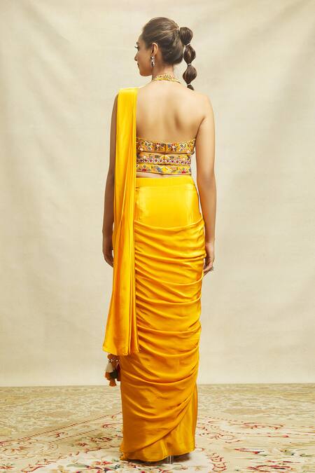 Shop Aariyana Couture Yellow Crepe Embroidery Halter Neck Pre-draped Saree With Blouse at Aza Fashions Shop_Aariyana Couture_Yellow Crepe Embroidery Halter Neck Pre-draped Saree With Blouse_at_Aza_Fashions