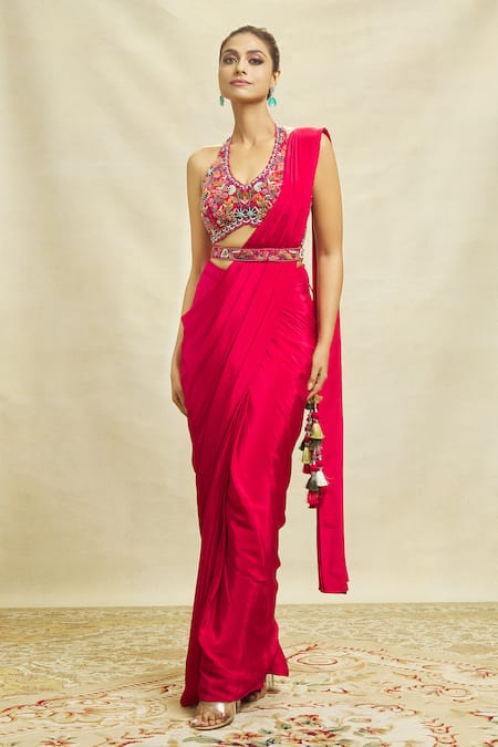 Aariyana Couture_Pink Crepe Embroidery Halter Neck Pre-draped Saree With Floral Work Blouse_Online_at_Aza_Fashions