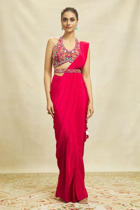 Buy_Aariyana Couture_Pink Crepe Embroidery Halter Neck Pre-draped Saree With Floral Work Blouse_Online_at_Aza_Fashions