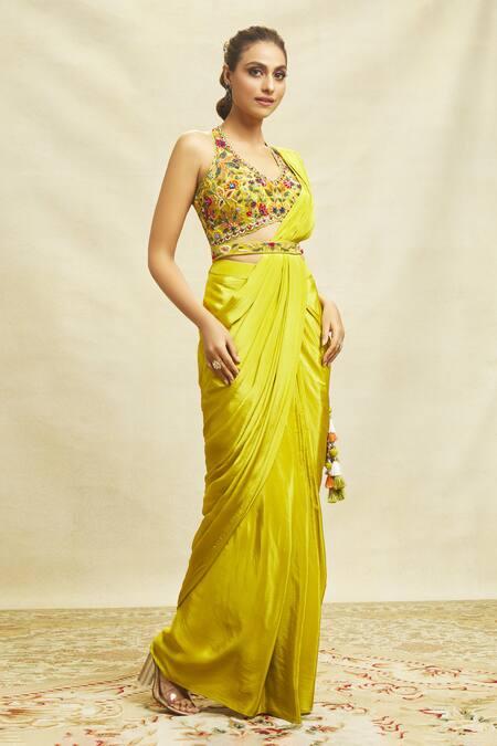 Shop_Aariyana Couture_Green Crepe Embroidery, Tassels Halter Neck Solid Pre-draped Saree With Blouse_Online_at_Aza_Fashions