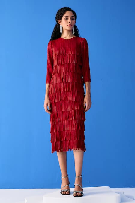 Pleats By Aruni Maroon Polyester Round Neck Layered Fringe Dress