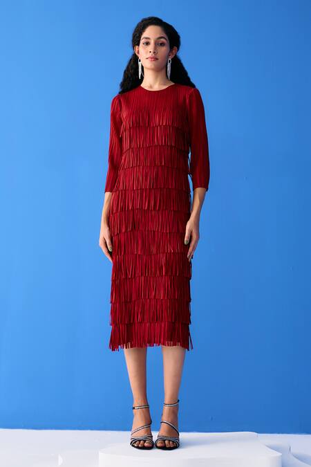 Pleats By Aruni_Maroon Polyester Round Neck Layered Fringe Dress_Online_at_Aza_Fashions