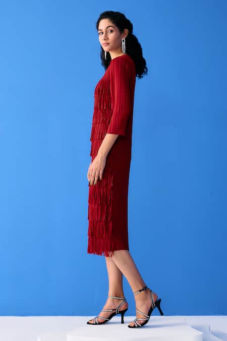 Buy_Pleats By Aruni_Maroon Polyester Round Neck Layered Fringe Dress_Online_at_Aza_Fashions
