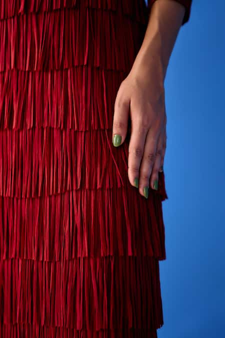 Shop_Pleats By Aruni_Maroon Polyester Round Neck Layered Fringe Dress_Online_at_Aza_Fashions