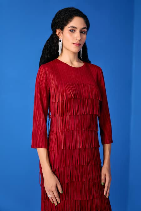 Pleats By Aruni_Maroon Polyester Round Neck Layered Fringe Dress_at_Aza_Fashions