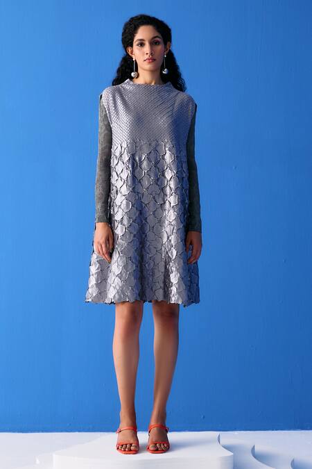 Pleats By Aruni_Grey Polyester Round Neck Mermaid Textured Dress_Online_at_Aza_Fashions
