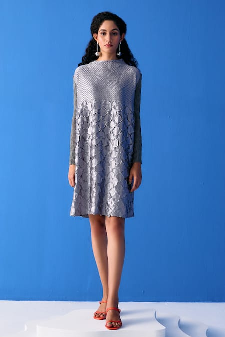 Buy_Pleats By Aruni_Grey Polyester Round Neck Mermaid Textured Dress_Online_at_Aza_Fashions