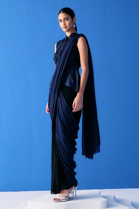 Shop Pleats By Aruni Black Chiffon Embroidery Dual Toned Pre-draped Saree at Aza Fashions Shop_Pleats By Aruni_Black Chiffon Embroidery Dual Toned Pre-draped Saree_at_Aza_Fashions