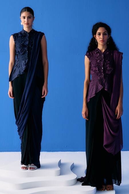 Pleats By Aruni Black Chiffon Embroidery Dual Toned Pre-draped Saree at Aza Fashions Pleats By Aruni_Black Chiffon Embroidery Dual Toned Pre-draped Saree_at_Aza_Fashions