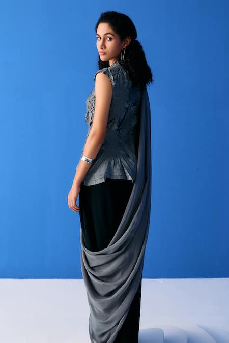 Buy_Pleats By Aruni_Black Chiffon Embroidery Double Toned Pre-draped Saree_Online_at_Aza_Fashions