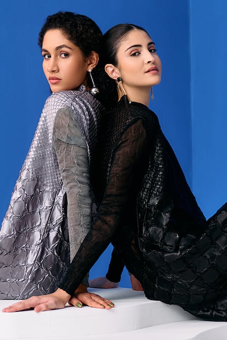 Pleats By Aruni_Black Polyester Round Neck Mermaid Scales Textured Midi Dress_Online_at_Aza_Fashions