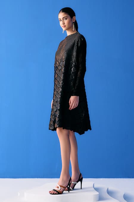 Buy_Pleats By Aruni_Black Polyester Round Neck Mermaid Scales Textured Midi Dress_Online_at_Aza_Fashions