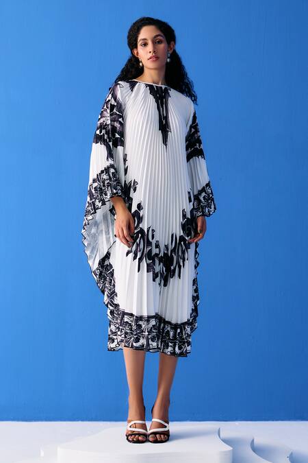 Buy_Pleats By Aruni_Black Crepe Boat Neck Abstract Bloom Print Pleated Dress_Online_at_Aza_Fashions
