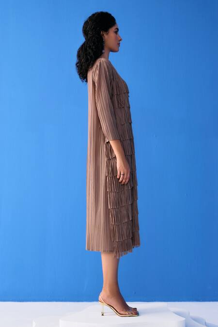 Pleats By Aruni_Brown Polyester Fringe Round Neck Layered Midi Dress_Online_at_Aza_Fashions