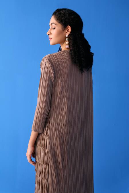 Buy_Pleats By Aruni_Brown Polyester Fringe Round Neck Layered Midi Dress_Online_at_Aza_Fashions