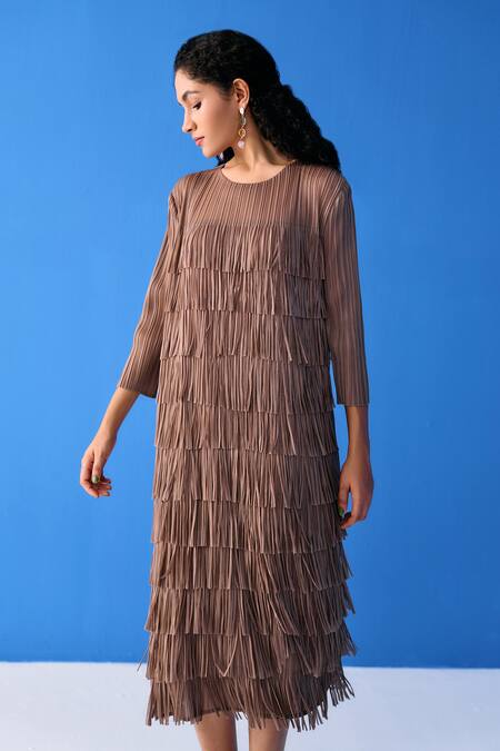 Shop_Pleats By Aruni_Brown Polyester Fringe Round Neck Layered Midi Dress_Online_at_Aza_Fashions