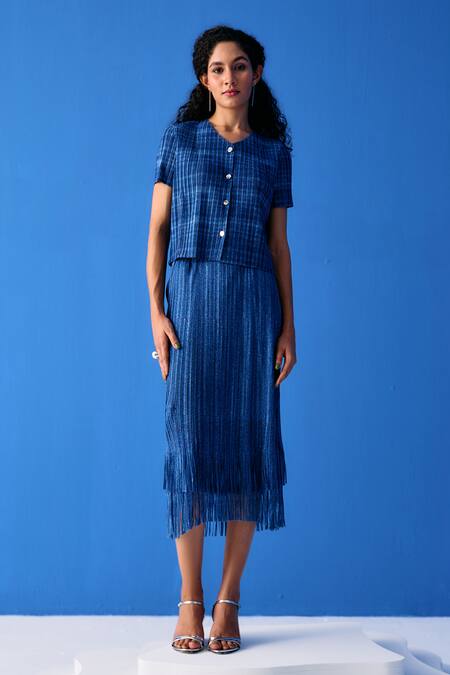 Pleats By Aruni_Blue Polyester Fringe V-neck Pleated Top With Skirt_Online_at_Aza_Fashions
