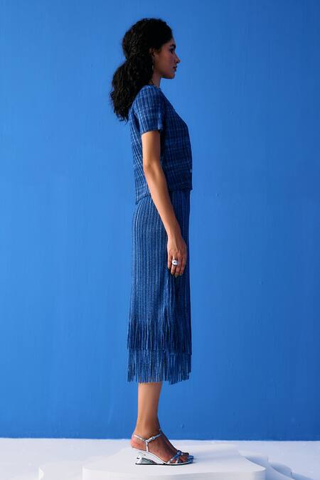 Buy_Pleats By Aruni_Blue Polyester Fringe V-neck Pleated Top With Skirt_Online_at_Aza_Fashions