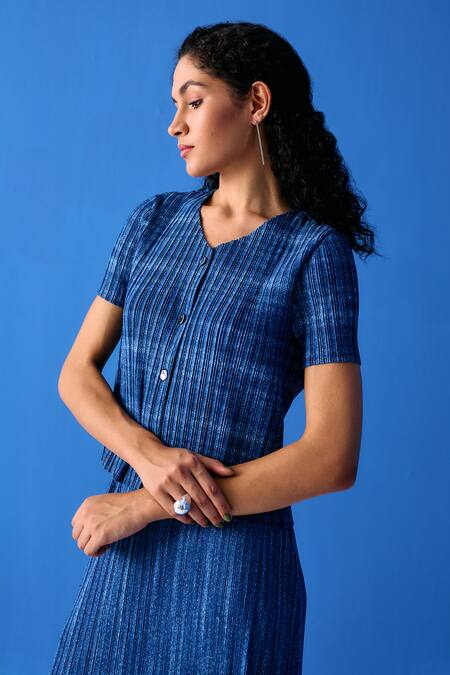 Shop_Pleats By Aruni_Blue Polyester Fringe V-neck Pleated Top With Skirt_Online_at_Aza_Fashions