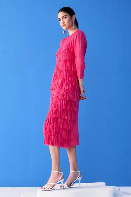 Buy_Pleats By Aruni_Pink Polyester Round Neck Layered Fringe Dress_Online_at_Aza_Fashions