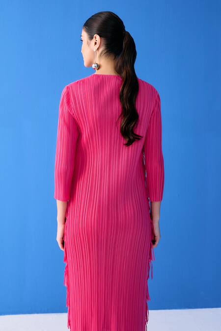 Shop_Pleats By Aruni_Pink Polyester Round Neck Layered Fringe Dress_Online_at_Aza_Fashions