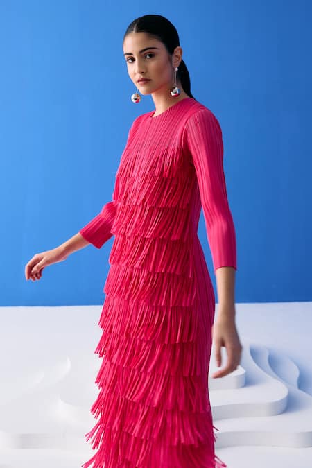 Pleats By Aruni_Pink Polyester Round Neck Layered Fringe Dress_at_Aza_Fashions