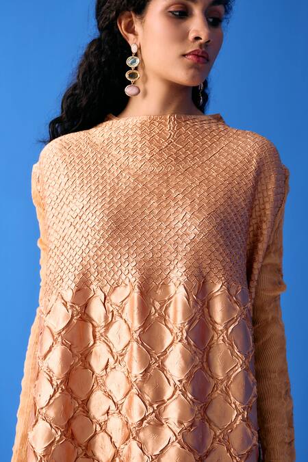 Pleats By Aruni_Gold Polyester Boat Neck Mermaid Skin Textured Midi Dress_Online_at_Aza_Fashions