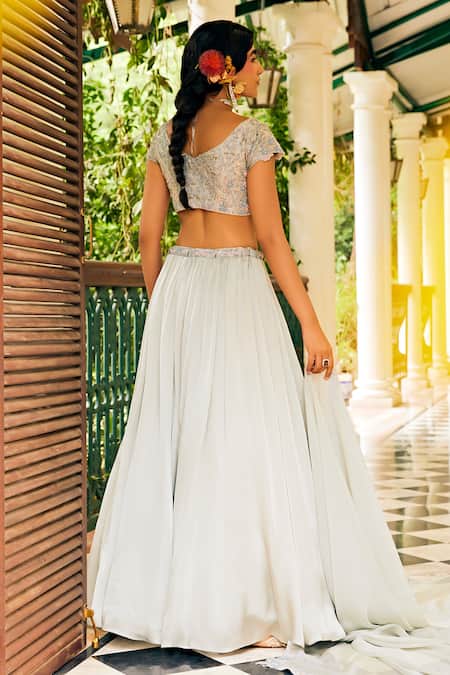 Shop 1999ad By Amita & Deepak Blue Organza Cut Work, Embroidery V-neck Blouse Lehenga Set at Aza Fashions Shop_1999ad By Amita & Deepak_Blue Organza Cut Work, Embroidery V-neck Blouse Lehenga Set _at_Aza_Fashions