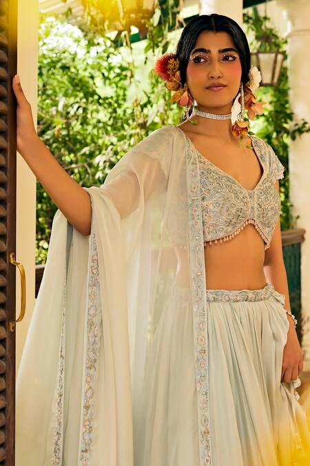 Shop 1999ad By Amita & Deepak Blue Organza Cut Work, Embroidery V-neck Blouse Lehenga Set Online at Aza Fashions Shop_1999ad By Amita & Deepak_Blue Organza Cut Work, Embroidery V-neck Blouse Lehenga Set _Online_at_Aza_Fashions