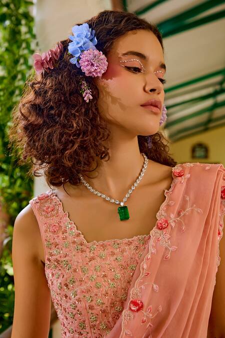 Shop 1999ad By Amita & Deepak Peach Organza Sequins, Embroidery Square Neck Pre-stitched Saree With Blouse Online at Aza Fashions Shop_1999ad By Amita & Deepak_Peach Organza Sequins, Embroidery Square Neck Pre-stitched Saree With Blouse _Online_at_Aza_Fashions
