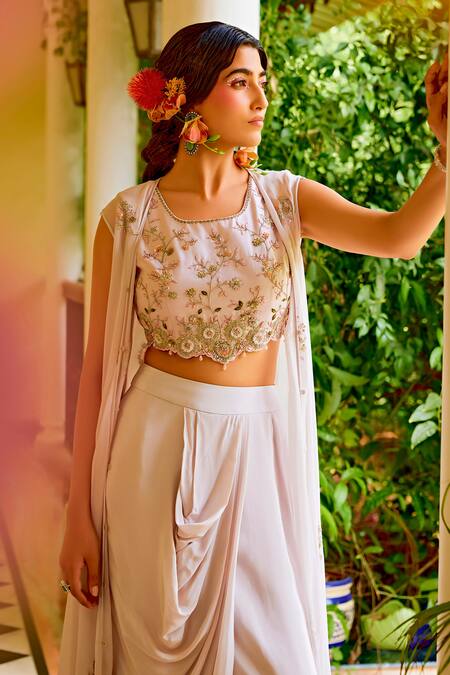 1999ad By Amita & Deepak_Beige Georgette Sequins, Zari, Embroidery Round , Open Jacket Skirt Set _Online_at_Aza_Fashions