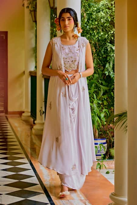 Buy_1999ad By Amita & Deepak_Beige Georgette Sequins, Zari, Embroidery Round , Open Jacket Skirt Set _Online_at_Aza_Fashions