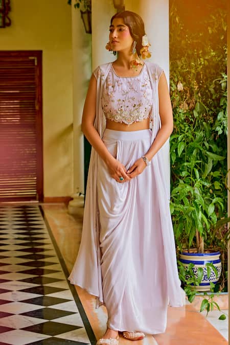 Shop_1999ad By Amita & Deepak_Beige Georgette Sequins, Zari, Embroidery Round , Open Jacket Skirt Set _Online_at_Aza_Fashions