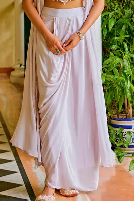 1999ad By Amita & Deepak_Beige Georgette Sequins, Zari, Embroidery Round , Open Jacket Skirt Set _at_Aza_Fashions