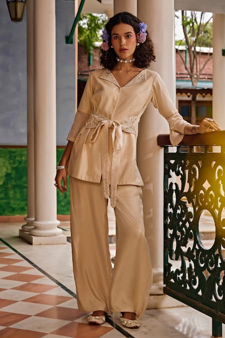 1999ad By Amita & Deepak Beige Linen Pearls Collared Embroidered Shirt And Pant Set