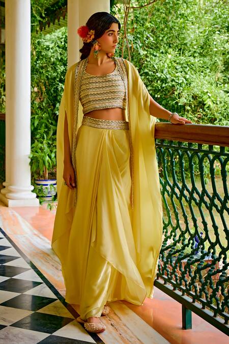 1999ad By Amita & Deepak Yellow Organza Beads, Zari Round Neck, Open Embroidered Skirt Set With Jacket at Aza Fashions 1999ad By Amita & Deepak_Yellow Organza Beads, Zari Round Neck, Open Embroidered Skirt Set With Jacket _at_Aza_Fashions