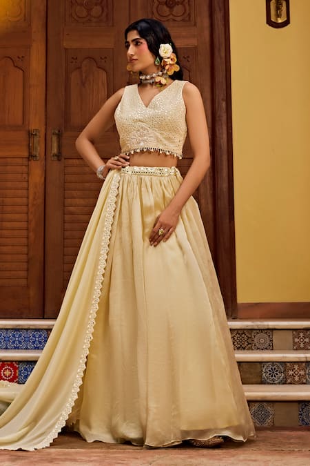 1999ad By Amita & Deepak Yellow Organza Beads, Embroidery V-neck Abla Blouse Lehenga Set 